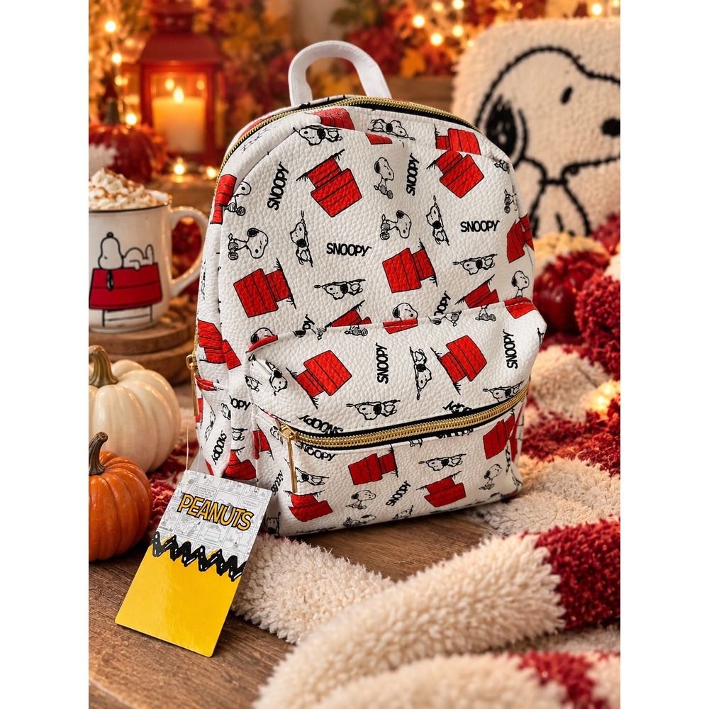 Peanuts Snoopy Doghouse Mini Backpack White Red Faux Leather Bag NWT